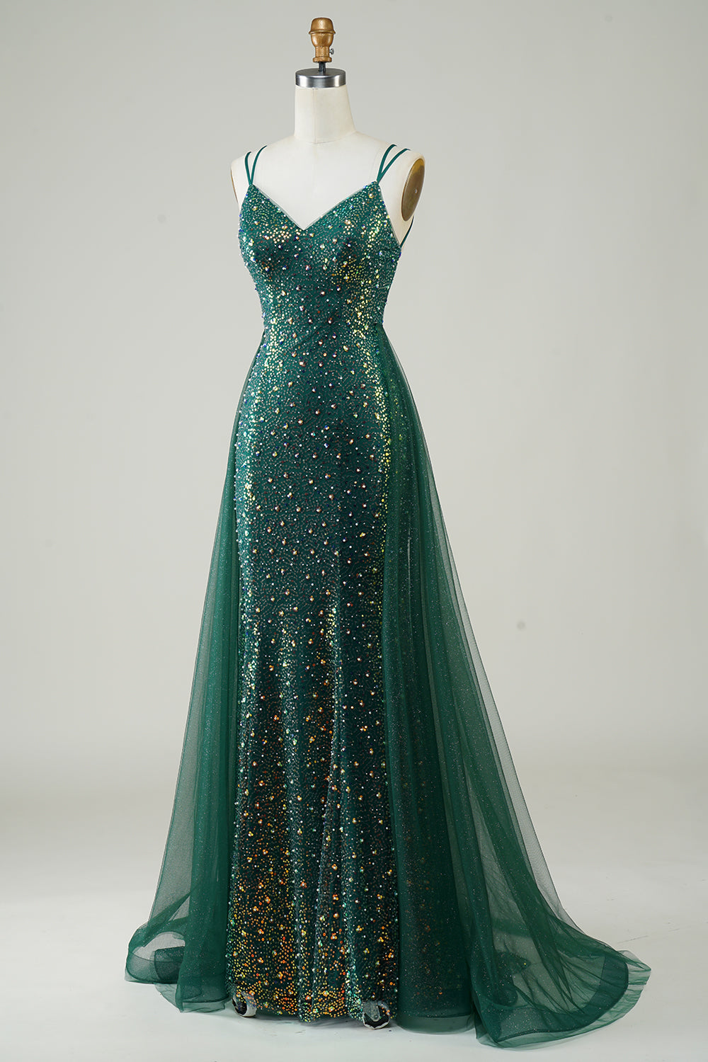 Emerald Green Sequin V-Neck Mermaid Prom Dress with Tulle Overskirt SH497 Sheer Fairy