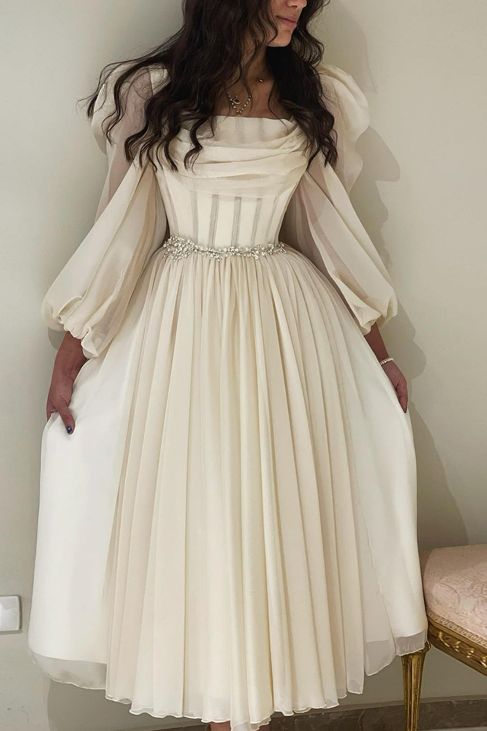 Elegant Beige Long Sleeves Short Evening Dress SF267 Sheer Fairy
