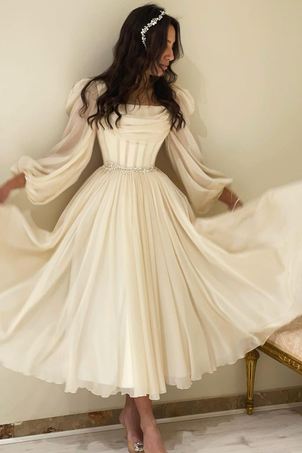 Elegant Beige Long Sleeves Short Evening Dress SF267 Sheer Fairy