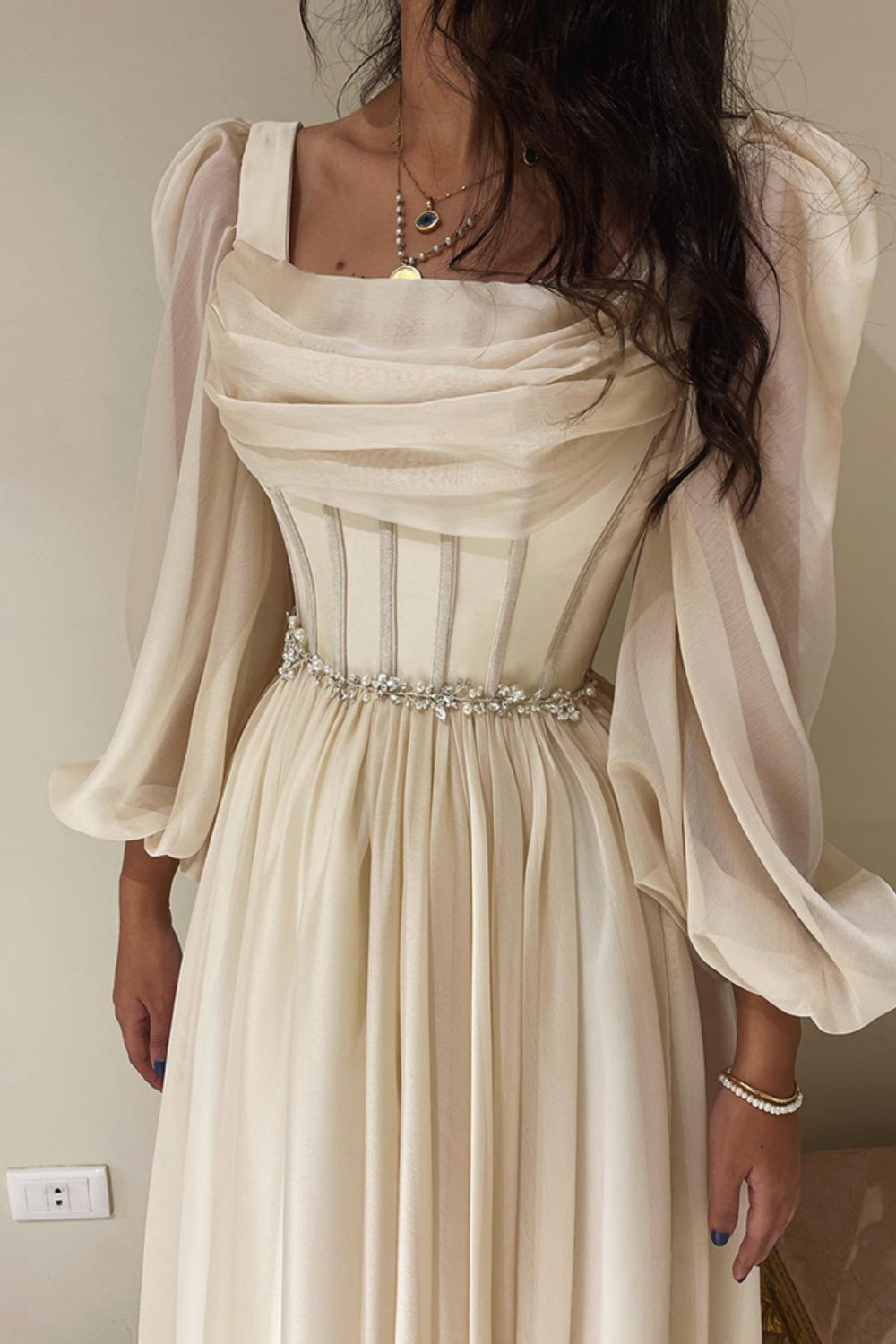 Elegant Beige Long Sleeves Short Evening Dress SF267 Sheer Fairy