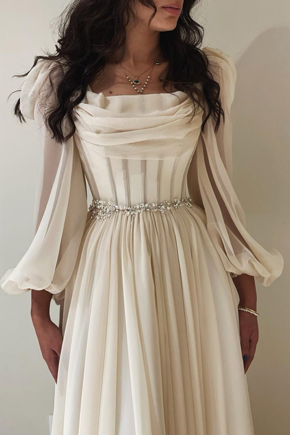 Elegant Beige Long Sleeves Short Evening Dress SF267 Sheer Fairy